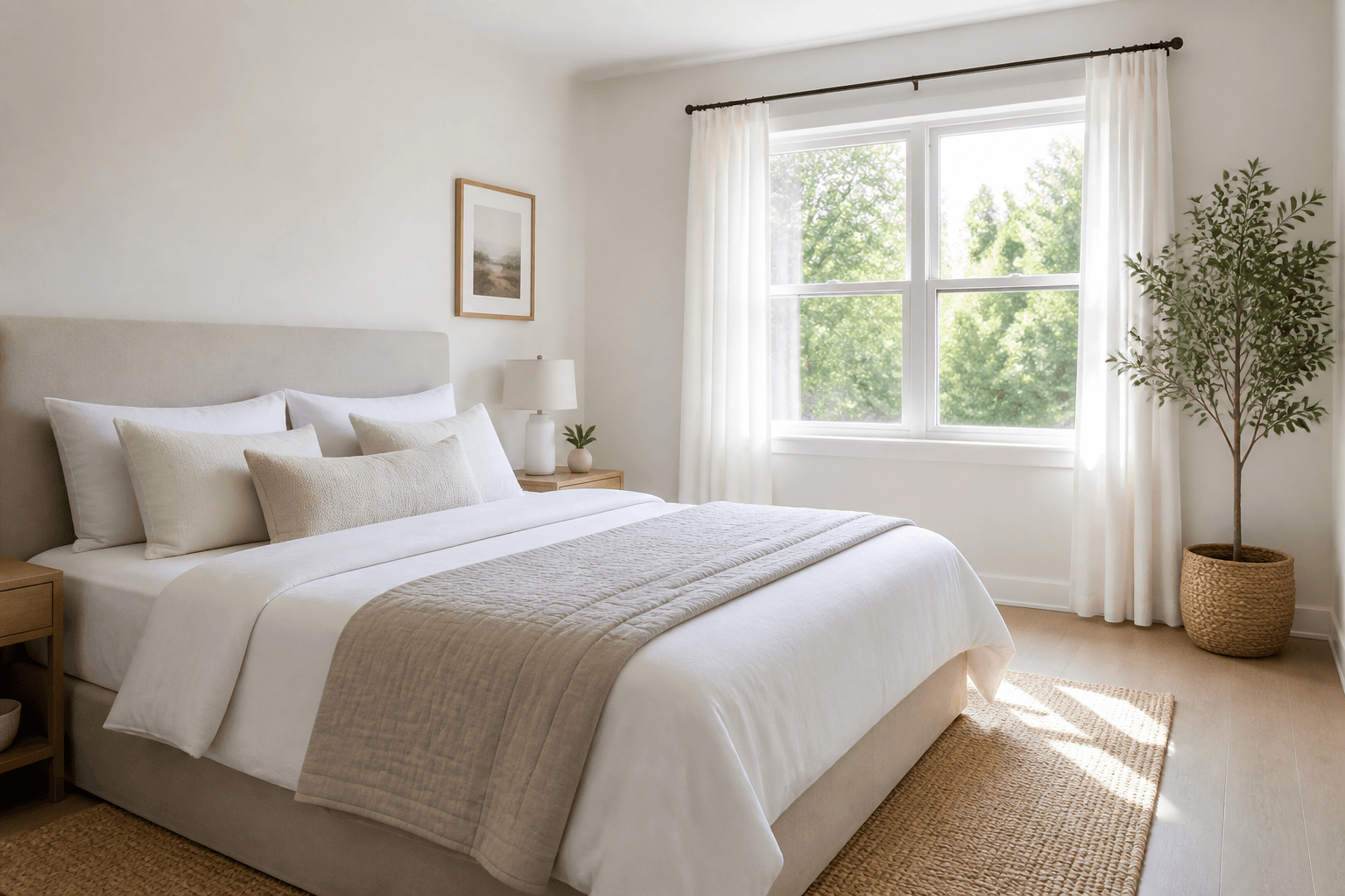 Calm bedroom with neat linens